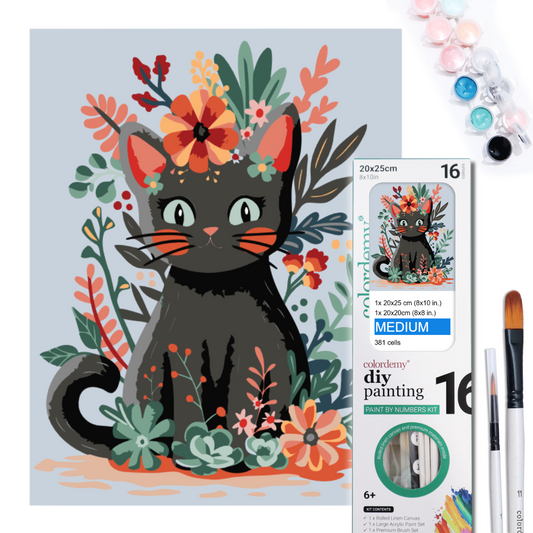 2-in-1 Paint by Numbers Kit - Rolled Canvases (20x25cm & 20x20cm), 16 Colours (Hue & Whimsy Collection - Flower Crown Kitty)