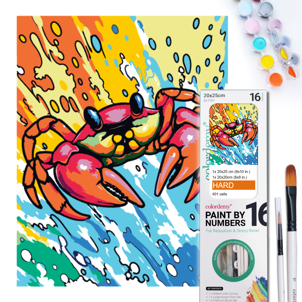 2-in-1 Paint by Numbers Kit - Rolled Canvases (20x25cm & 20x20cm), 16 Colours (Sea Life - Crab)