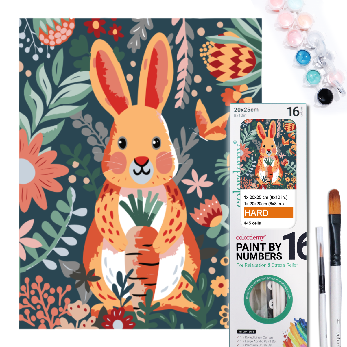 2-in-1 Paint by Numbers Kit - Rolled Canvases (20x25cm & 20x20cm), 16 Colours (Hue & Whimsy - Bunny)