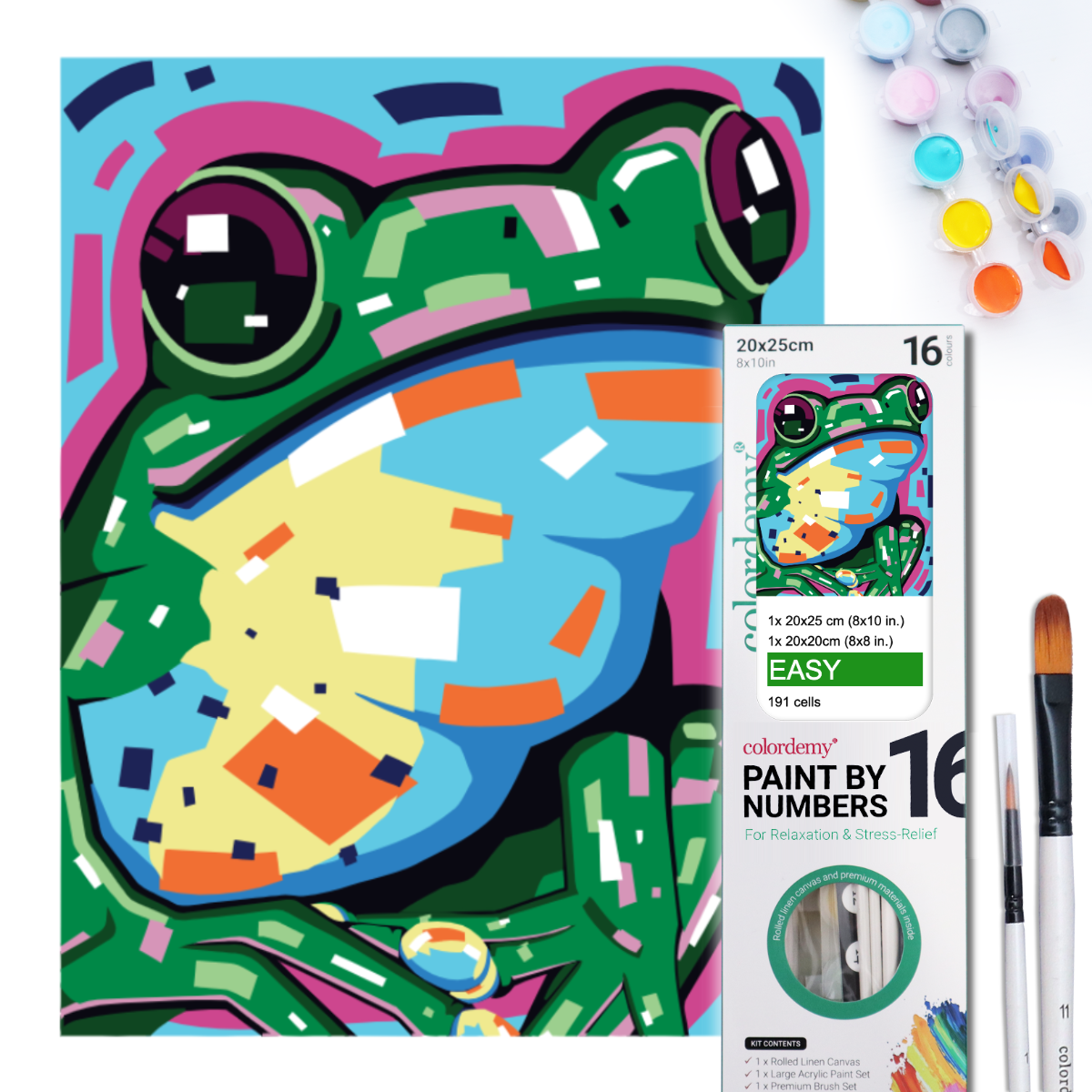 2-in-1 Paint by Numbers Kit - Rolled Canvases (20x25cm & 20x20cm), 16 Colours (Geometric Pop Art - Frog)