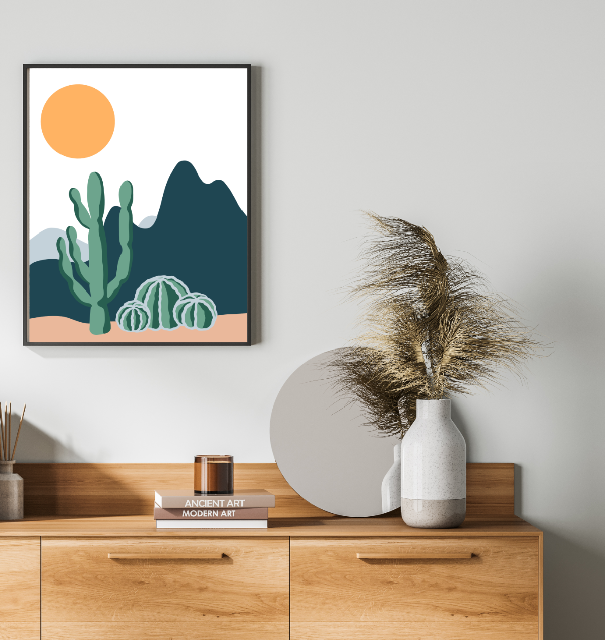 40x50cm Paint by Numbers Kit: Desert Harmony: Minimalist Saguaro and Golden Barrel Cactus