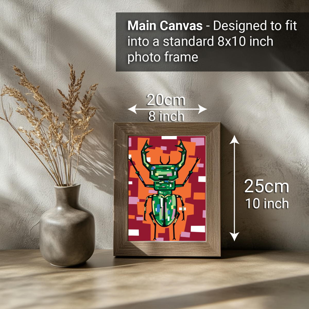 2-in-1 Paint by Numbers Kit - Rolled Canvases (20x25cm & 20x20cm), 16 Colours (Geometric Pop Art - Stag Beetle)