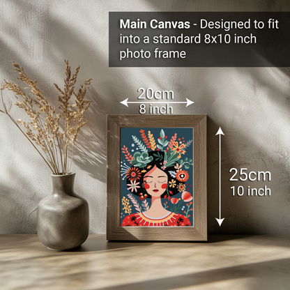2-in-1 Paint by Numbers Kit - Rolled Canvases (20x25cm & 20x20cm), 16 Colours (Hue & Whimsy Collection - Floral Hair Lady)