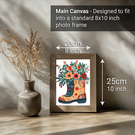 2-in-1 Paint by Numbers Kit - Rolled Canvases (20x25cm & 20x20cm), 16 Colours (Hue & Whimsy - Floral Boot)