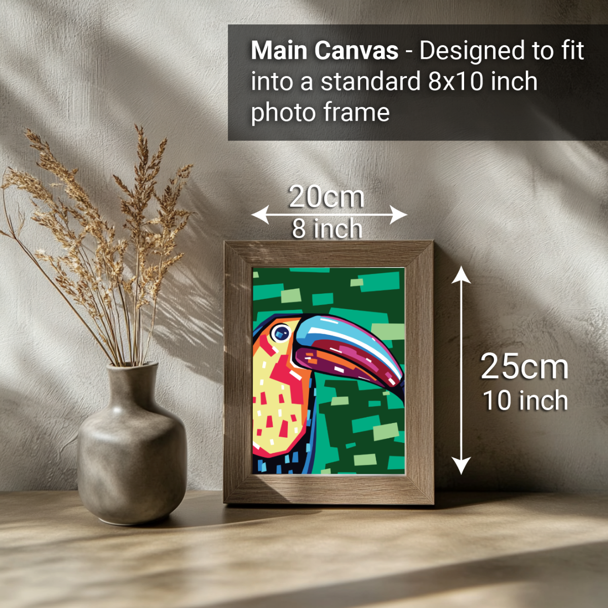 2-in-1 Paint by Numbers Kit - Rolled Canvases (20x25cm & 20x20cm), 16 Colours (Geometric Pop Art - Toucan)