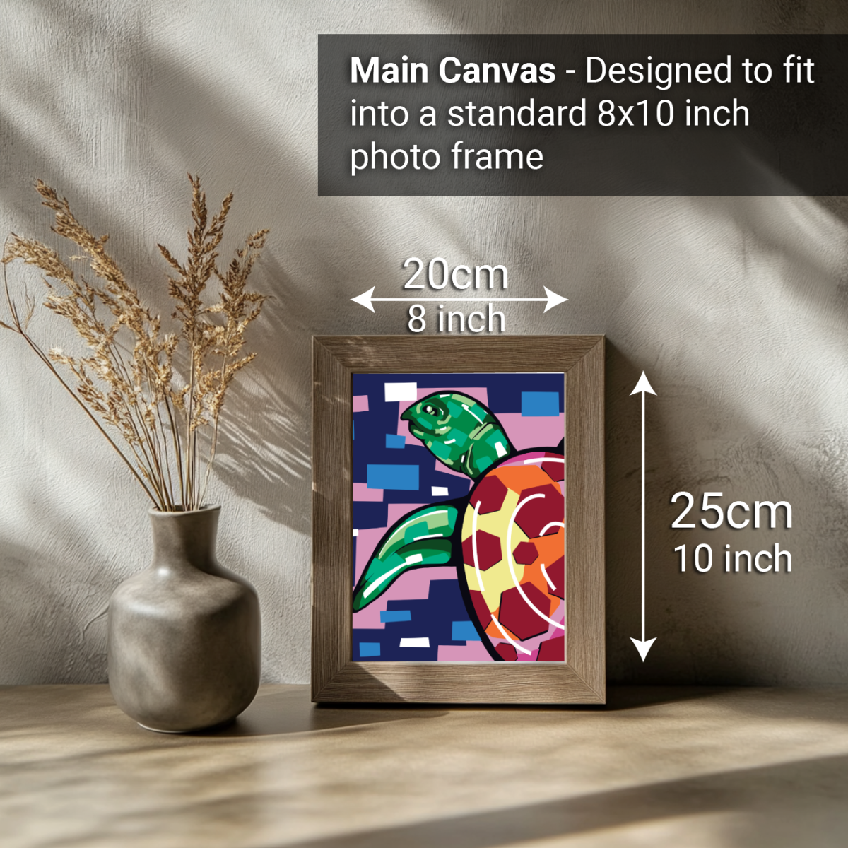 2-in-1 Paint by Numbers Kit - Rolled Canvases (20x25cm & 20x20cm), 16 Colours (Geometric Pop Art - Turtle)