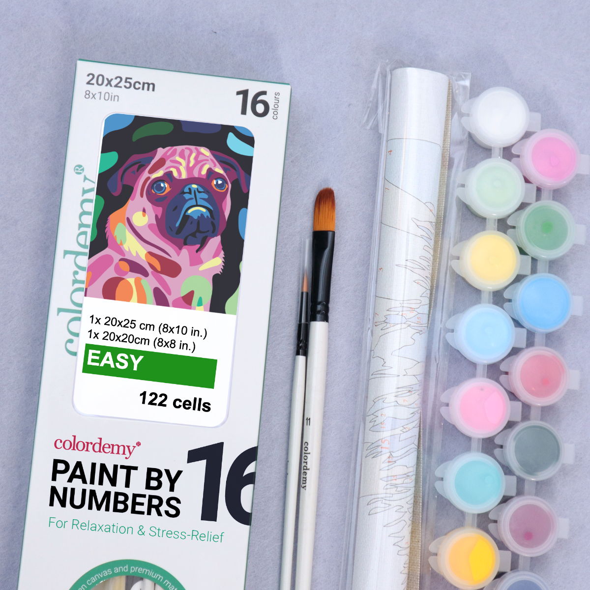 2-in-1 Paint by Numbers Kit - Rolled Canvases (20x25cm & 20x20cm), 16 Colours (Proud Little Paws - Pug)