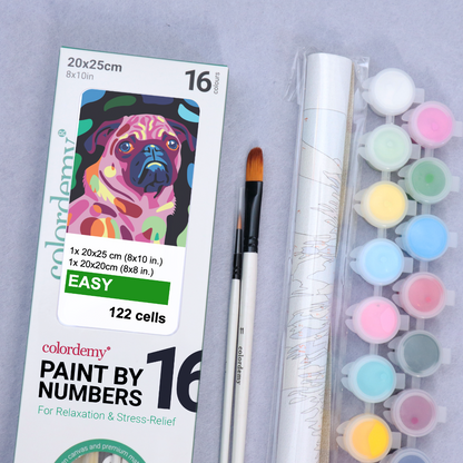 2-in-1 Paint by Numbers Kit - Rolled Canvases (20x25cm & 20x20cm), 16 Colours (Proud Little Paws - Pug)