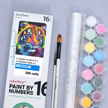 2-in-1 Paint by Numbers Kit - Rolled Canvases (20x25cm & 20x20cm), 16 Colours (Tiger)