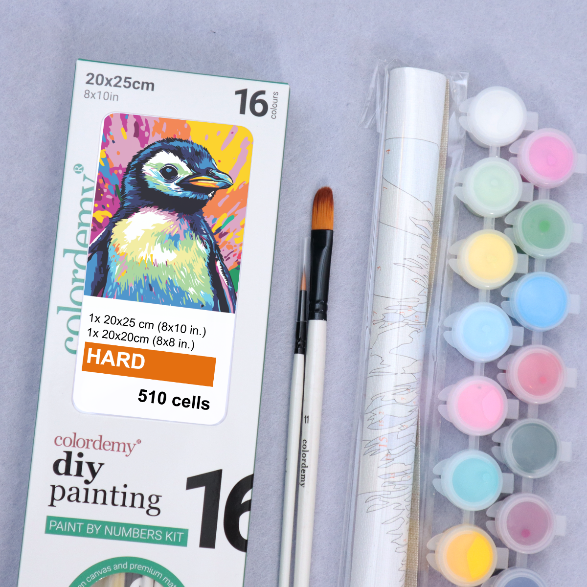 2-in-1 Paint by Numbers Kit - Rolled Canvases (20x25cm & 20x20cm), 16 Colours (Sea Life - Penguin)