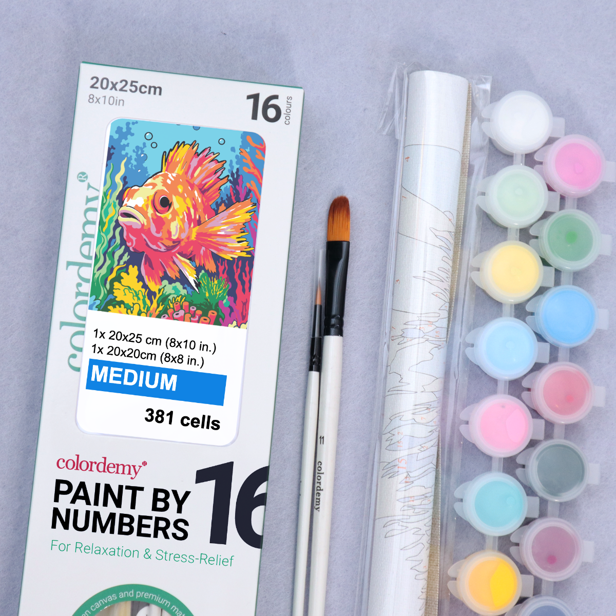 2-in-1 Paint by Numbers Kit - Rolled Canvases (20x25cm & 20x20cm), 16 Colours (Sea Life - Red Scorpion Fish)