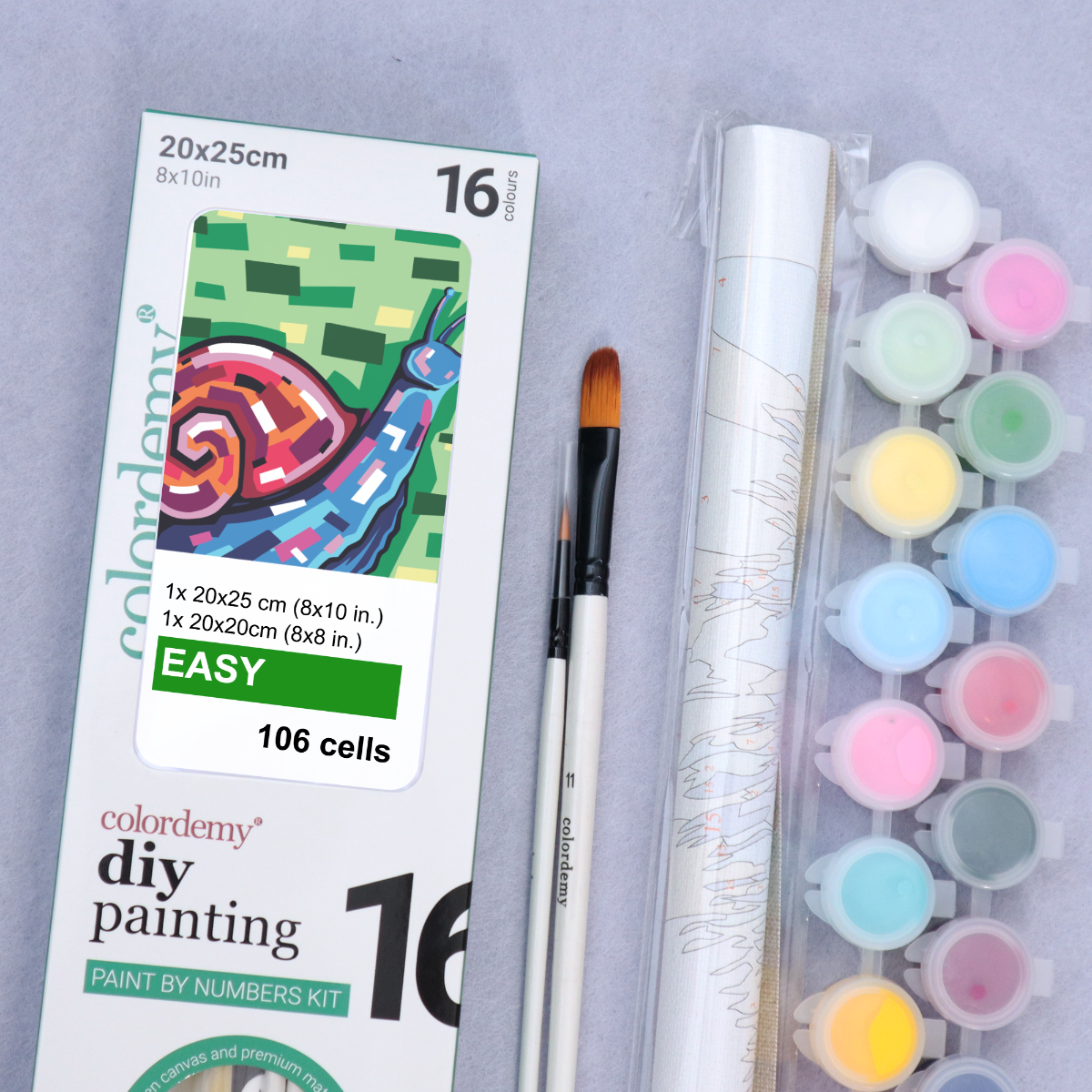 2-in-1 Paint by Numbers Kit - Rolled Canvases (20x25cm & 20x20cm), 16 Colours (Geometric Pop Art - Snail)