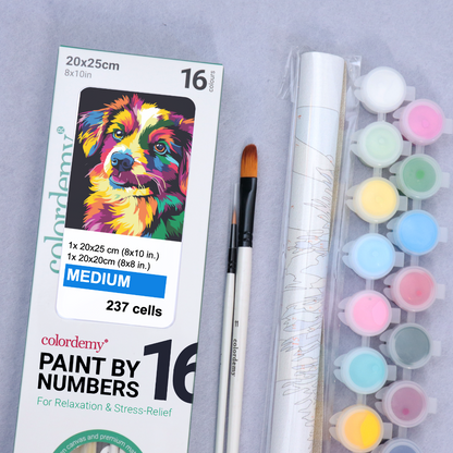 2-in-1 Paint by Numbers Kit - Rolled Canvases (20x25cm & 20x20cm), 16 Colours (Bold In Black - Dog)