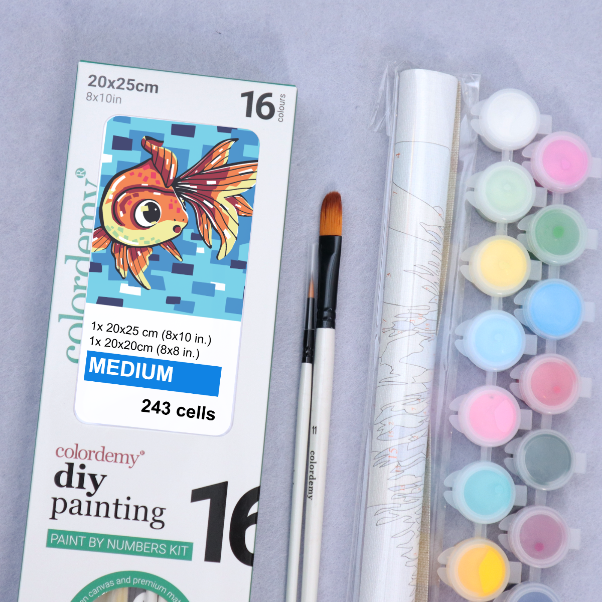 2-in-1 Paint by Numbers Kit - Rolled Canvases (20x25cm & 20x20cm), 16 Colours (Geometric Pop Art - Goldfish)