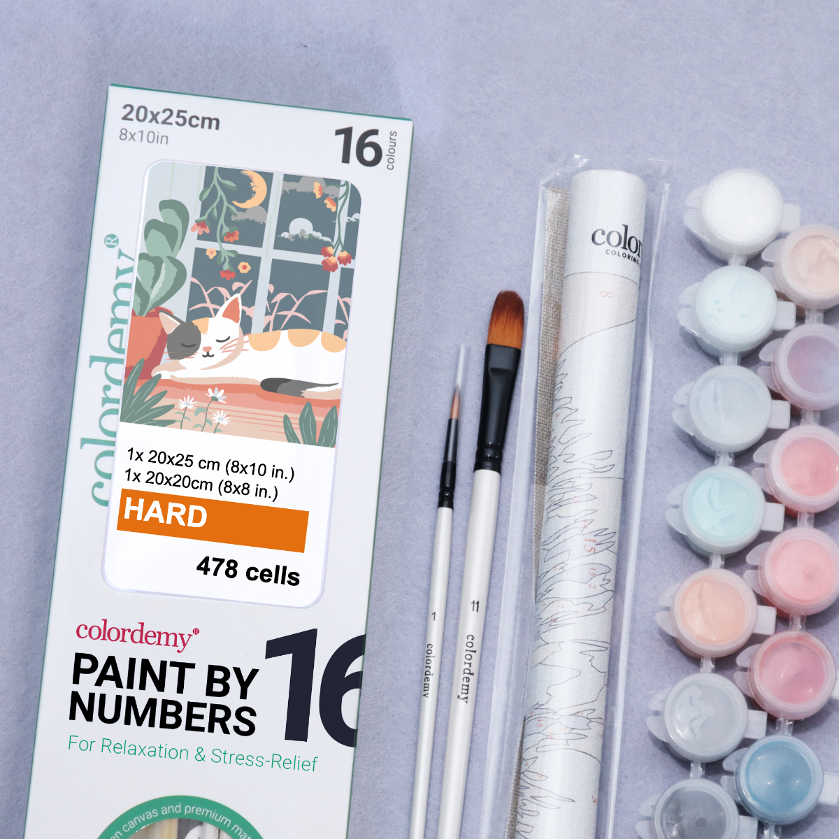 2-in-1 Paint by Numbers Kit - Rolled Canvases (20x25cm & 20x20cm), 16 Colours (Hue & Whimsy - Sleepy Cat)