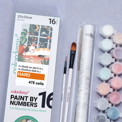 2-in-1 Paint by Numbers Kit - Rolled Canvases (20x25cm & 20x20cm), 16 Colours (Hue & Whimsy - Sleepy Cat)