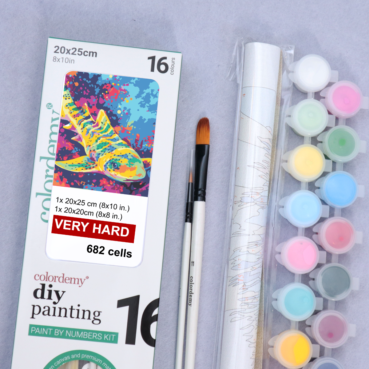 2-in-1 Paint by Numbers Kit - Rolled Canvases (20x25cm & 20x20cm), 16 Colours (Sea Life - Zebra Shark)