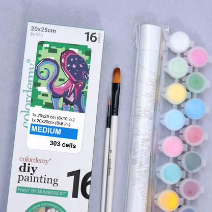 2-in-1 Paint by Numbers Kit - Rolled Canvases (20x25cm & 20x20cm), 16 Colours (Geometric Pop Art - Octopus)
