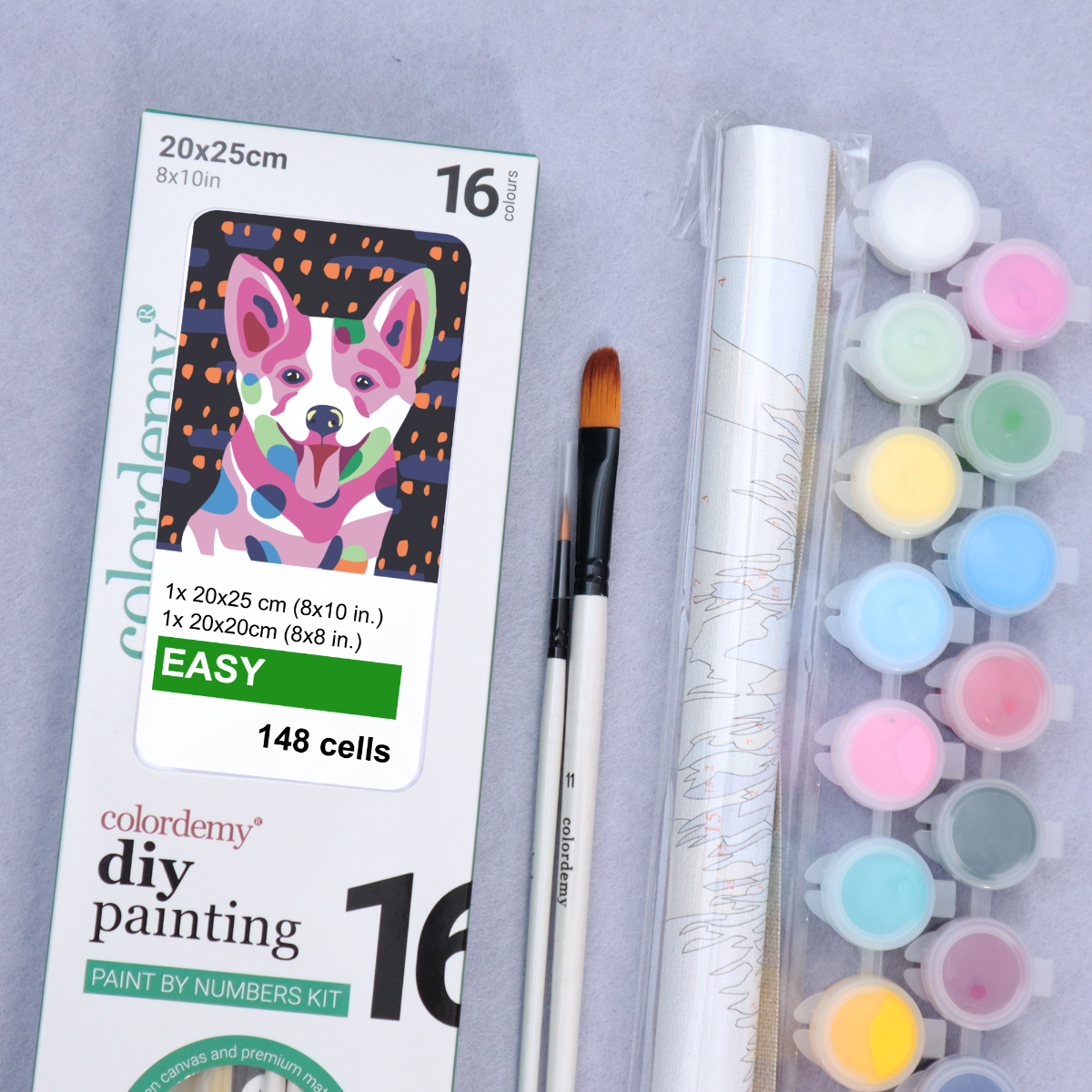 2-in-1 Paint by Numbers Kit - Rolled Canvases (20x25cm & 20x20cm), 16 Colours (Proud Little Paws - Corgi)