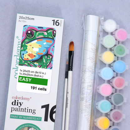 2-in-1 Paint by Numbers Kit - Rolled Canvases (20x25cm & 20x20cm), 16 Colours (Geometric Pop Art - Frog)