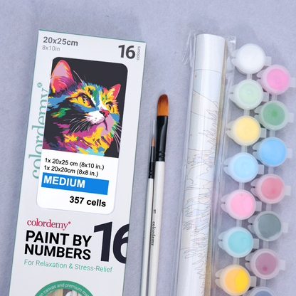 2-in-1 Paint by Numbers Kit - Rolled Canvases (20x25cm & 20x20cm), 16 Colours (Bold In Black - Cat)