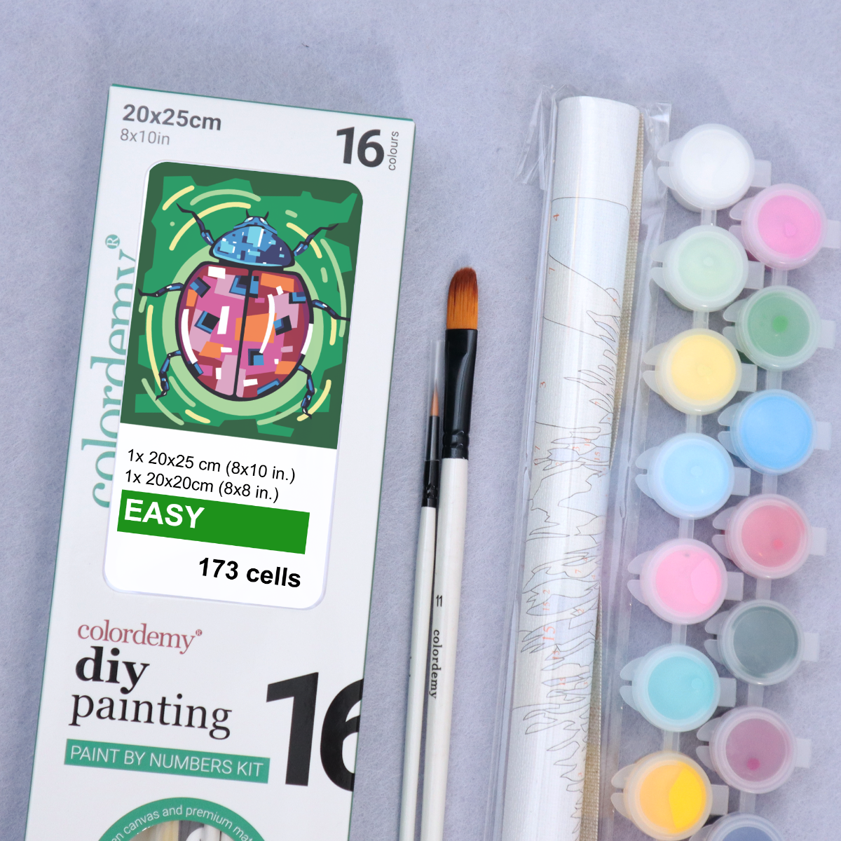 2-in-1 Paint by Numbers Kit - Rolled Canvases (20x25cm & 20x20cm), 16 Colours (Geometric Pop Art - Ladybug)