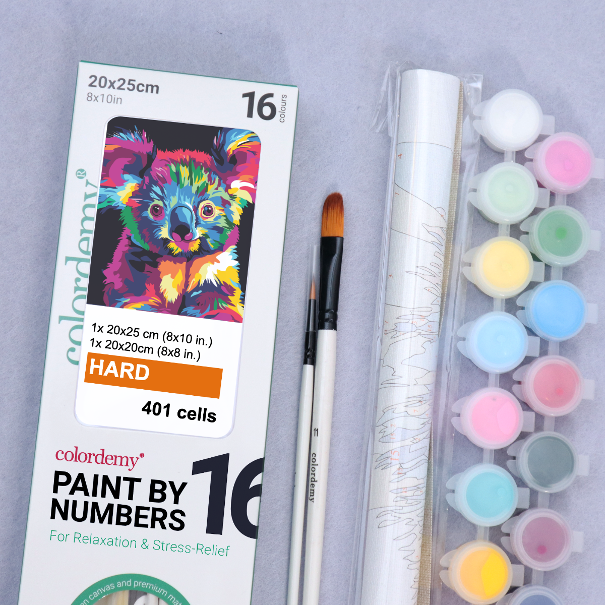 2-in-1 Paint by Numbers Kit - Rolled Canvases (20x25cm & 20x20cm), 16 Colours (Bold In Black - Koala)