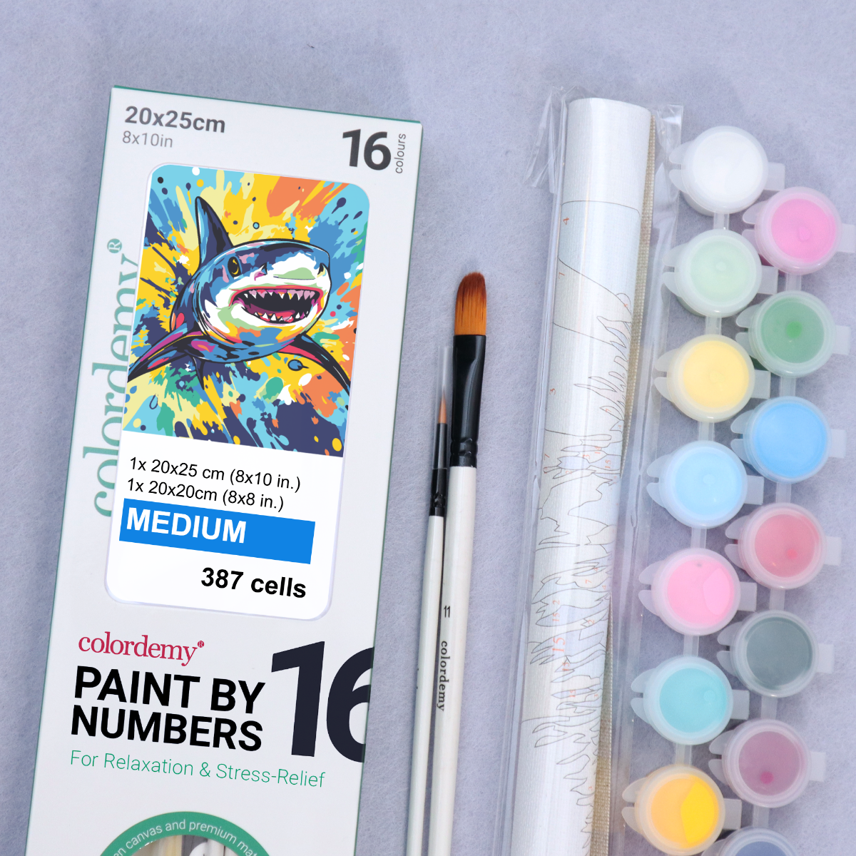 2-in-1 Paint by Numbers Kit - Rolled Canvases (20x25cm & 20x20cm), 16 Colours (Sea Life - Shark)