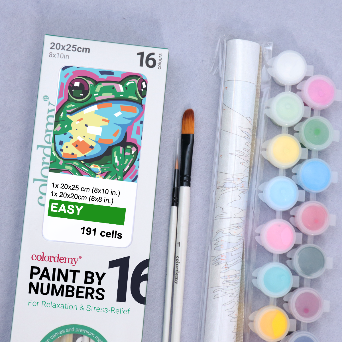 2-in-1 Paint by Numbers Kit - Rolled Canvases (20x25cm & 20x20cm), 16 Colours (Geometric Pop Art - Frog)