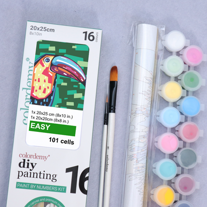 2-in-1 Paint by Numbers Kit - Rolled Canvases (20x25cm & 20x20cm), 16 Colours (Geometric Pop Art - Toucan)