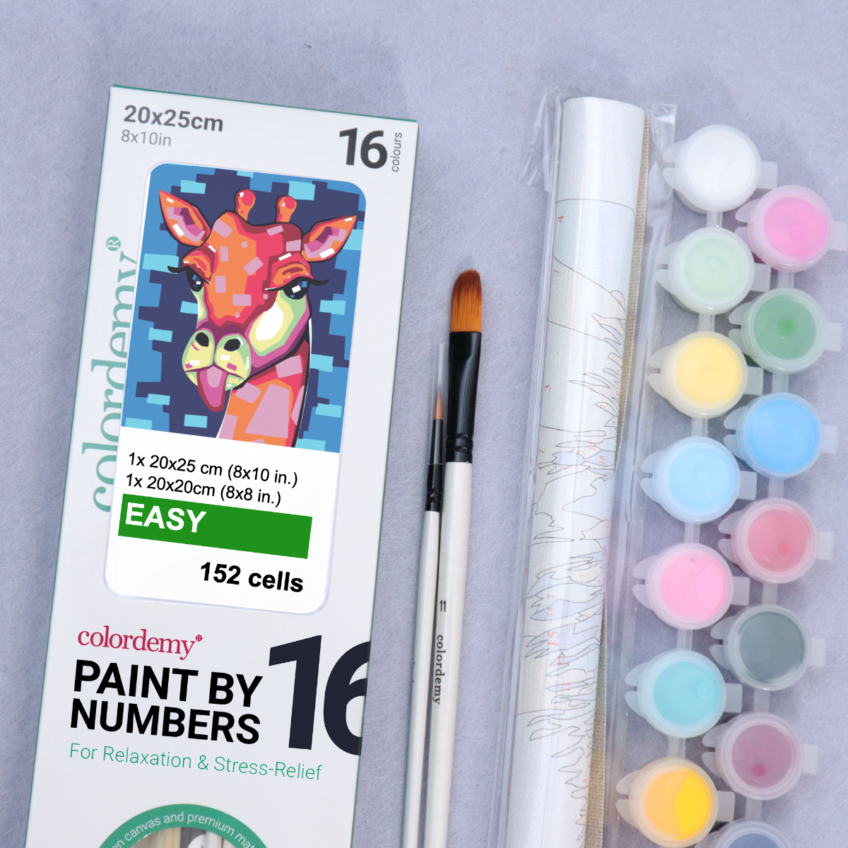 2-in-1 Paint by Numbers Kit - Rolled Canvases (20x25cm & 20x20cm), 16 Colours (Geometric Pop Art - Giraffe)