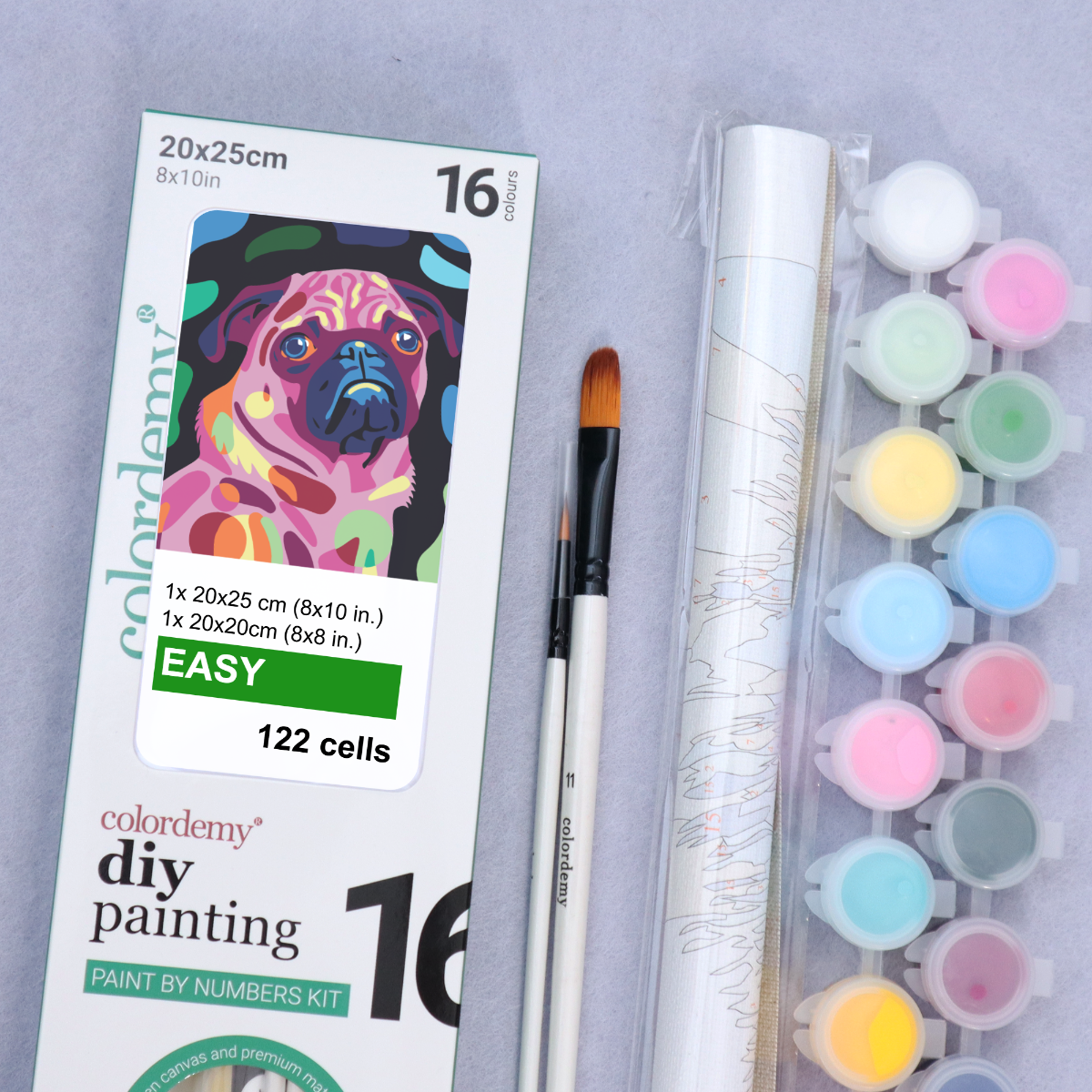 2-in-1 Paint by Numbers Kit - Rolled Canvases (20x25cm & 20x20cm), 16 Colours (Proud Little Paws - Pug)