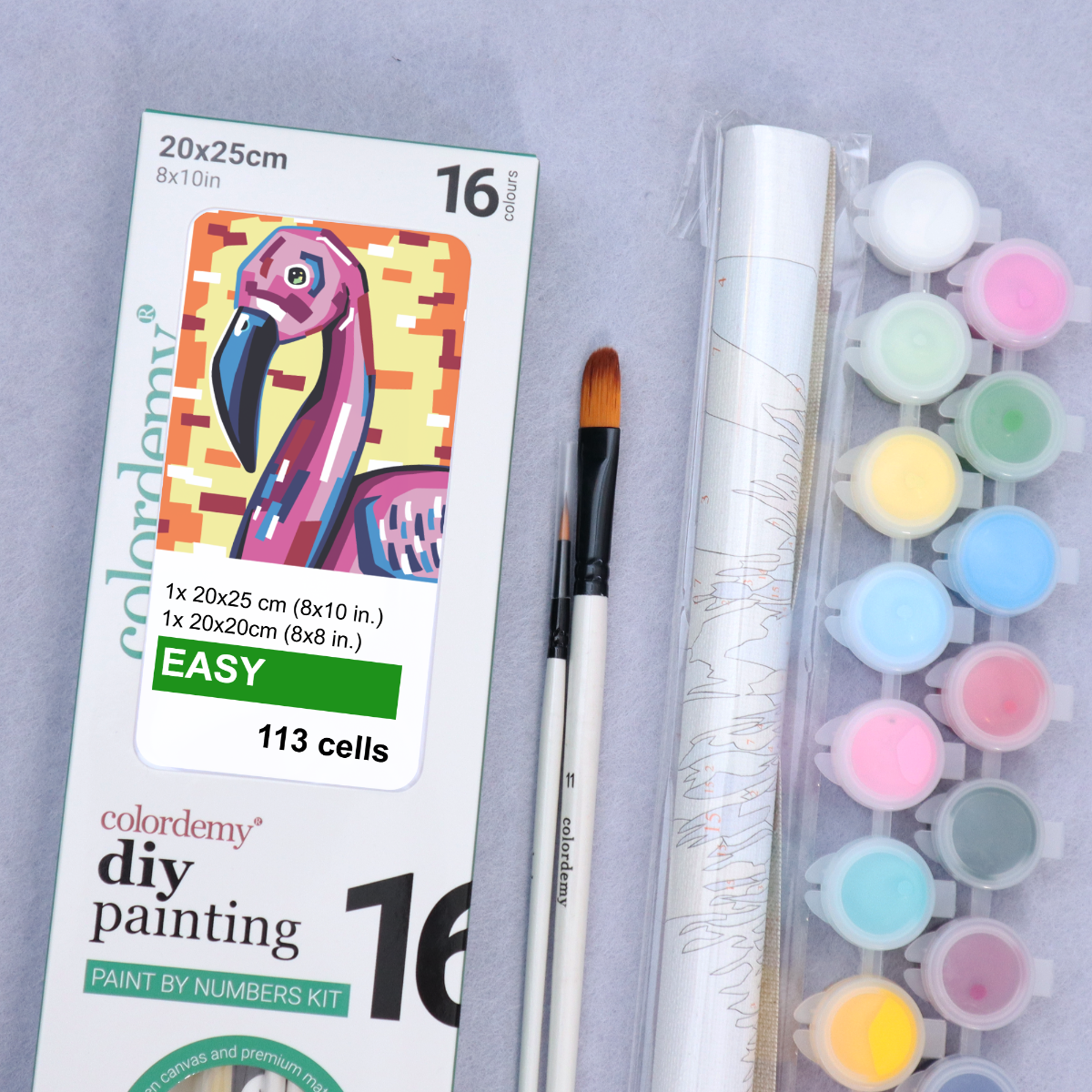 2-in-1 Paint by Numbers Kit - Rolled Canvases (20x25cm & 20x20cm), 16 Colours (Geometric Pop Art - Flamingo)