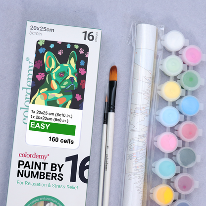 2-in-1 Paint by Numbers Kit - Rolled Canvases (20x25cm & 20x20cm), 16 Colours (Proud Little Paws - French Bulldog)