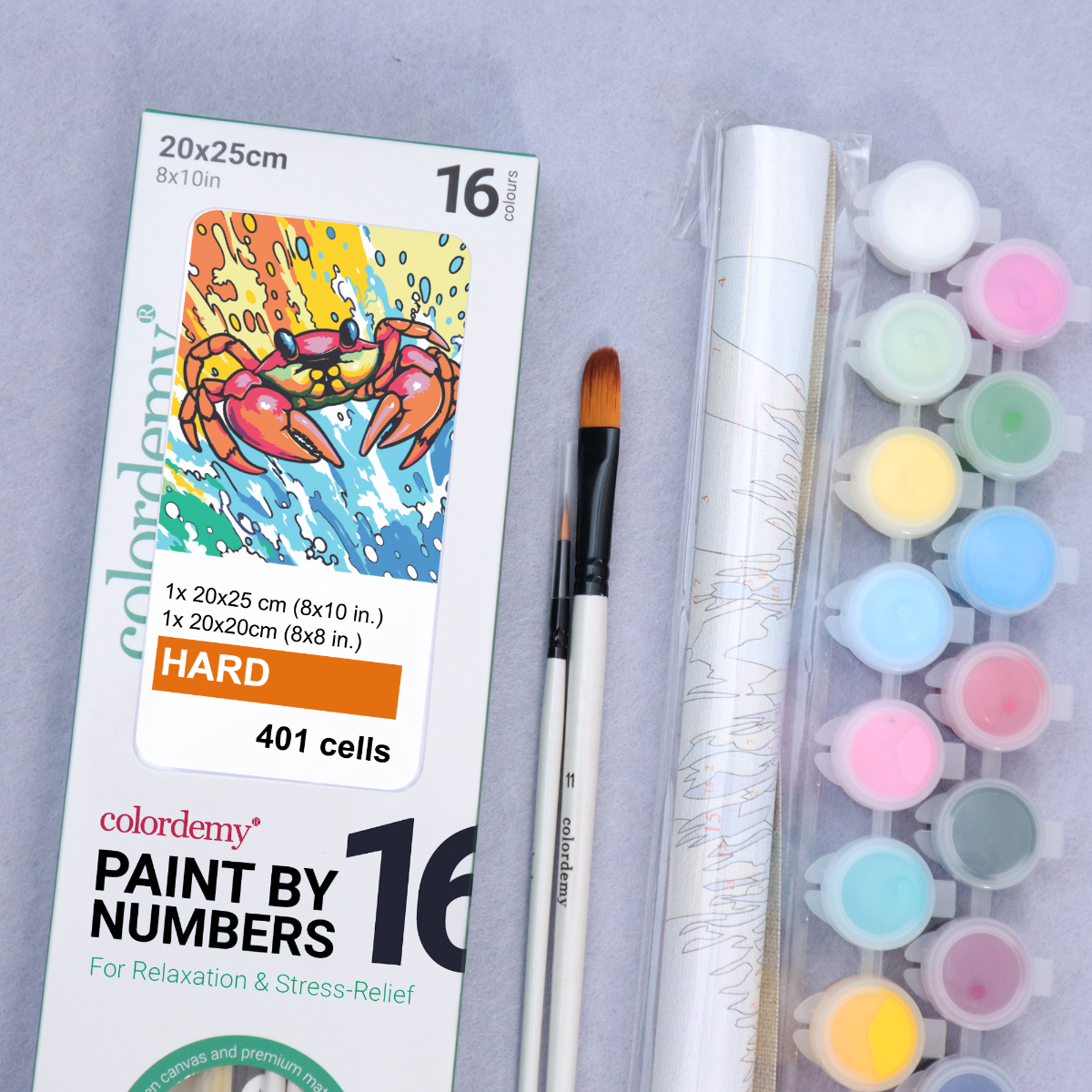 2-in-1 Paint by Numbers Kit - Rolled Canvases (20x25cm & 20x20cm), 16 Colours (Sea Life - Crab)