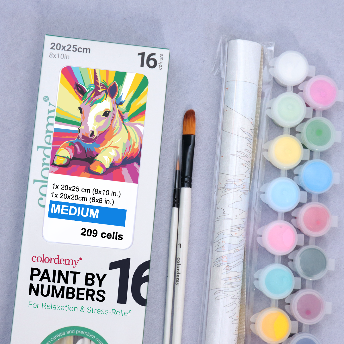 2-in-1 Paint by Numbers Kit - Rolled Canvases (20x25cm & 20x20cm), 16 Colours (Pop Party Palette - Unicorn)