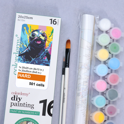 2-in-1 Paint by Numbers Kit - Rolled Canvases (20x25cm & 20x20cm), 16 Colours (Sea Life - Black Seal)