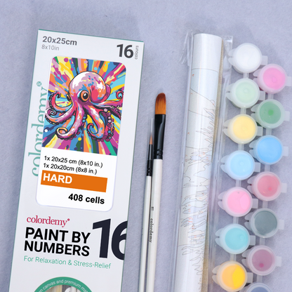 2-in-1 Paint by Numbers Kit - Rolled Canvases (20x25cm & 20x20cm), 16 Colours (Pop Party Palette - Octopus)