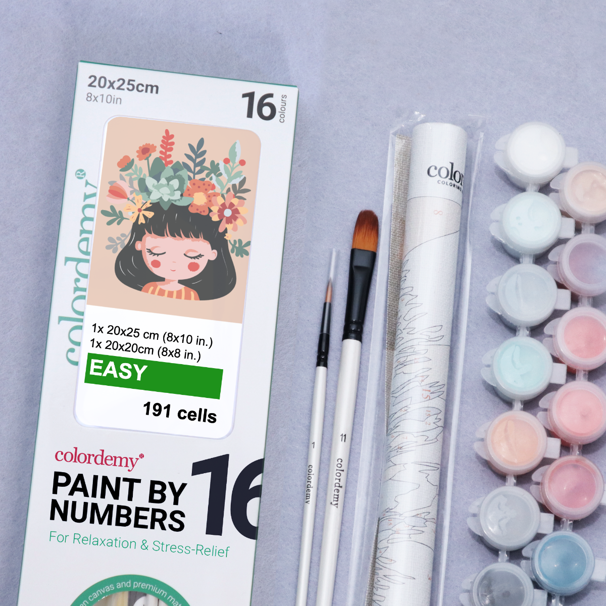 2-in-1 Paint by Numbers Kit - Rolled Canvases (20x25cm & 20x20cm), 16 Colours (Little Girl)