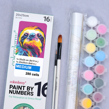 2-in-1 Paint by Numbers Kit - Rolled Canvases (20x25cm & 20x20cm), 16 Colours (Pop Party Palette - Sloth)