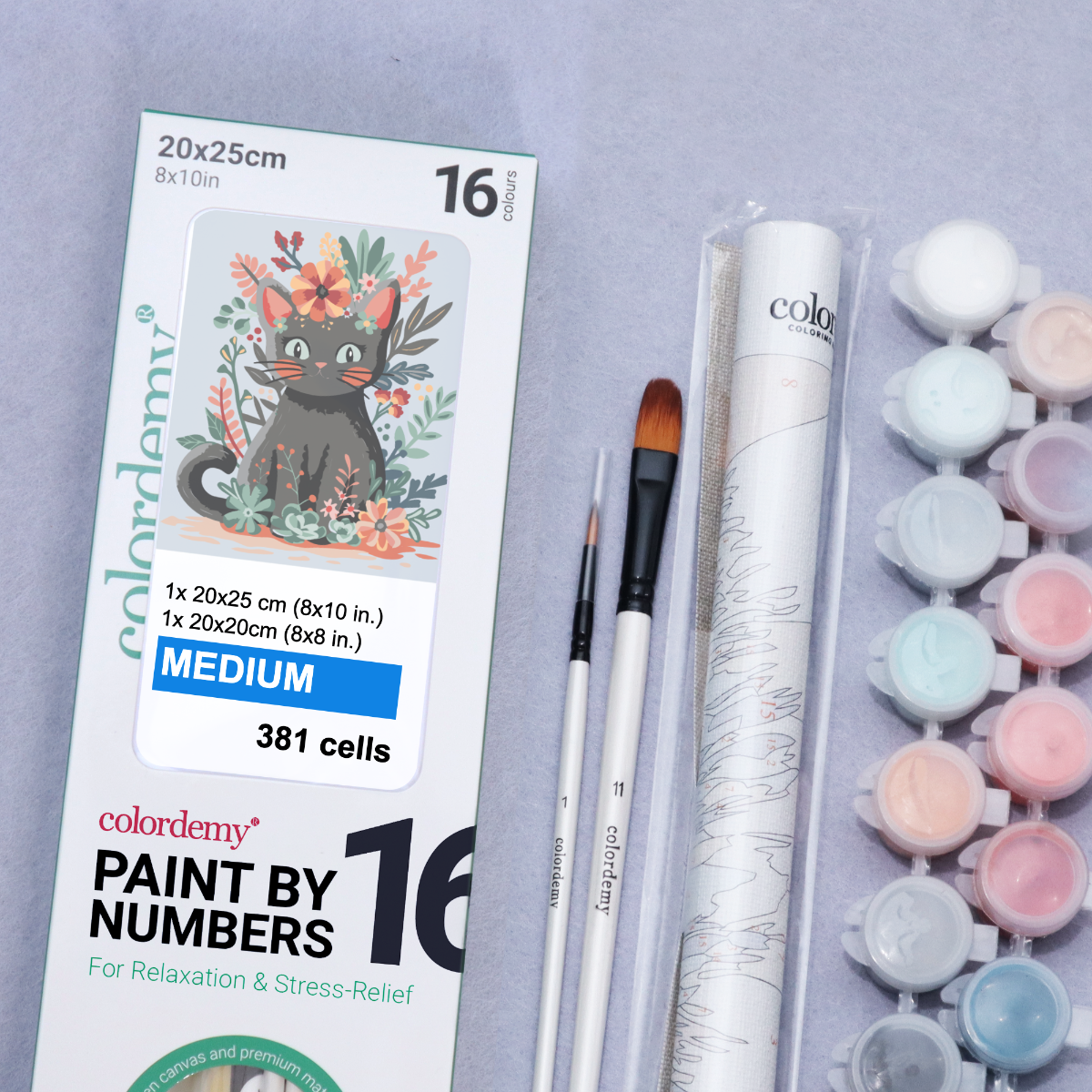 2-in-1 Paint by Numbers Kit - Rolled Canvases (20x25cm & 20x20cm), 16 Colours (Hue & Whimsy Collection - Flower Crown Kitty)