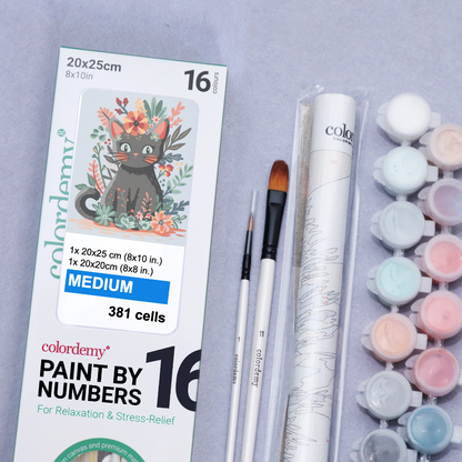 2-in-1 Paint by Numbers Kit - Rolled Canvases (20x25cm & 20x20cm), 16 Colours (Hue & Whimsy Collection - Flower Crown Kitty)