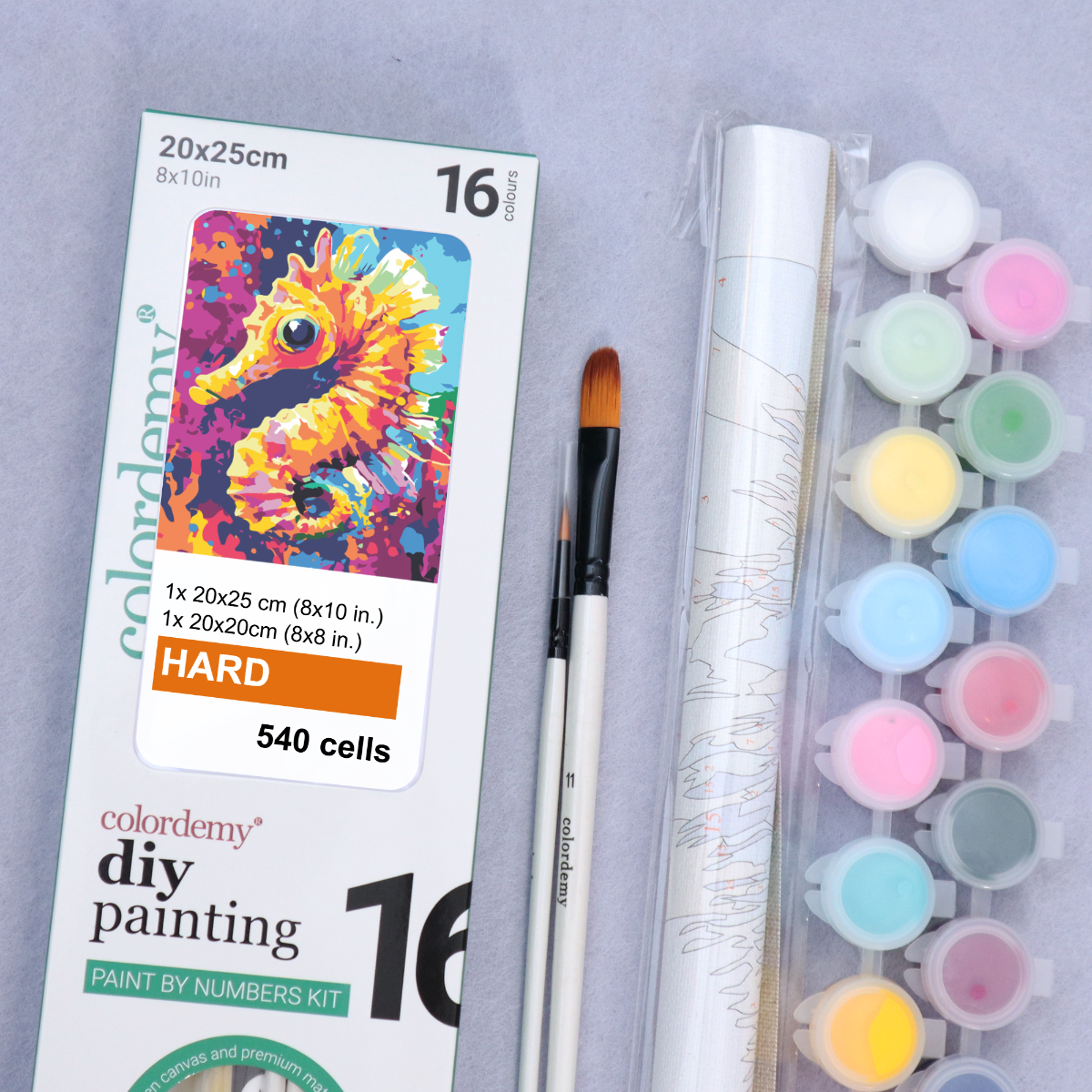 2-in-1 Paint by Numbers Kit - Rolled Canvases (20x25cm & 20x20cm), 16 Colours (Sea Life - Sea Horse)
