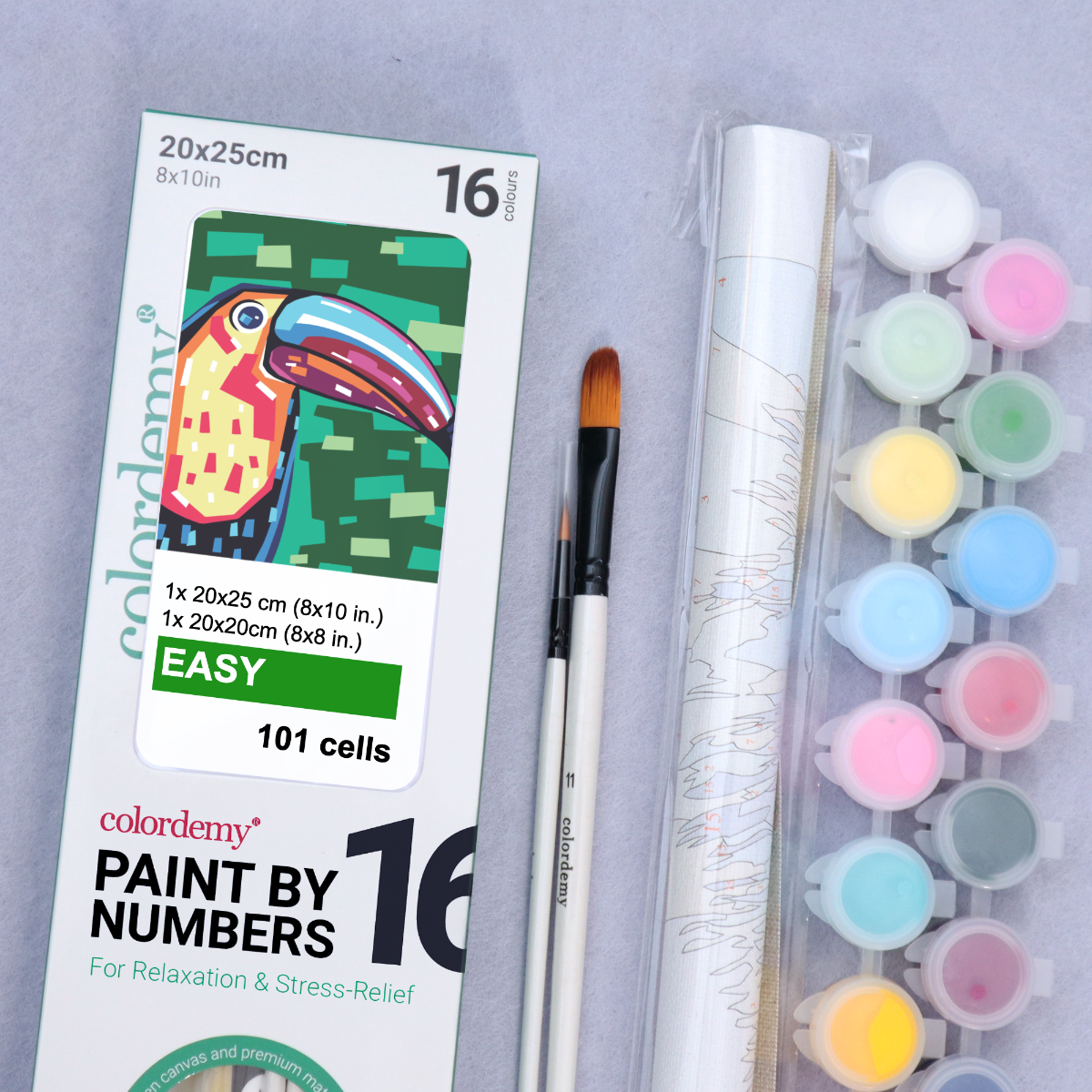 2-in-1 Paint by Numbers Kit - Rolled Canvases (20x25cm & 20x20cm), 16 Colours (Geometric Pop Art - Toucan)