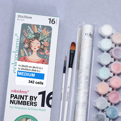2-in-1 Paint by Numbers Kit - Rolled Canvases (20x25cm & 20x20cm), 16 Colours (Hue & Whimsy Collection - Floral Hair Lady)