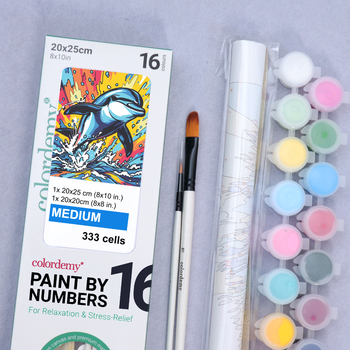 2-in-1 Paint by Numbers Kit - Rolled Canvases (20x25cm & 20x20cm), 16 Colours (Sea Life - Dolphin)
