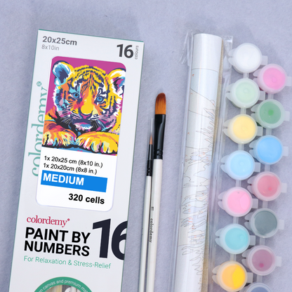 2-in-1 Paint by Numbers Kit - Rolled Canvases (20x25cm & 20x20cm), 16 Colours (Pop Party Palette - Tiger)