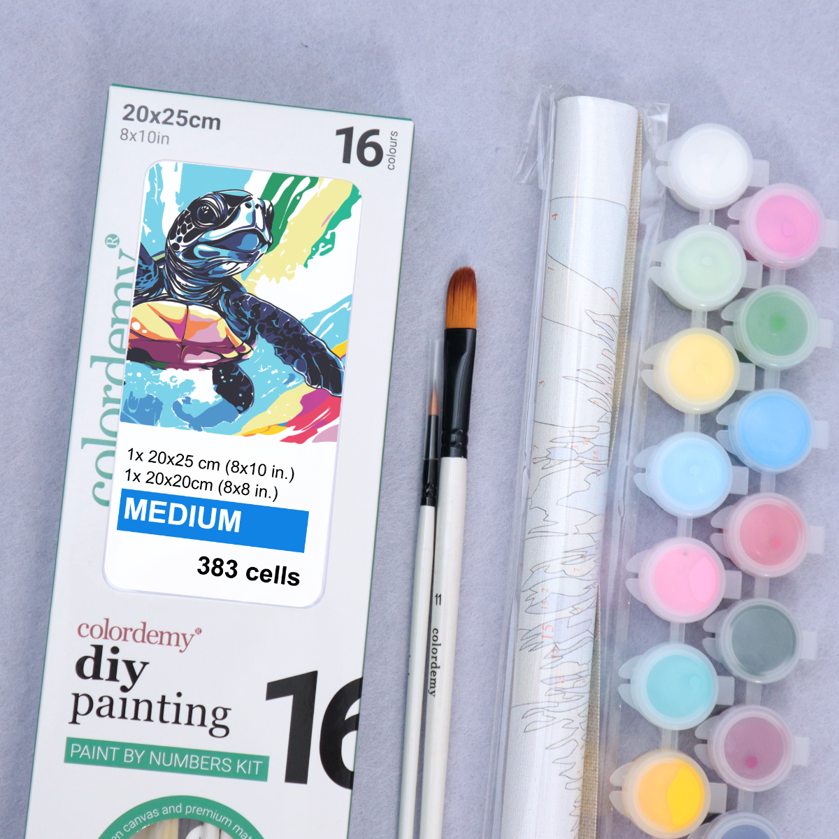 2-in-1 Paint by Numbers Kit - Rolled Canvases (20x25cm & 20x20cm), 16 Colours (Sea Life - Sea Turtle)