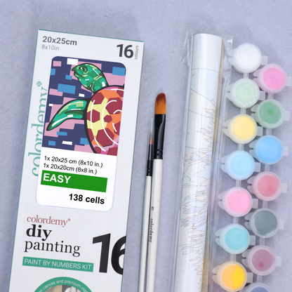 2-in-1 Paint by Numbers Kit - Rolled Canvases (20x25cm & 20x20cm), 16 Colours (Geometric Pop Art - Turtle)