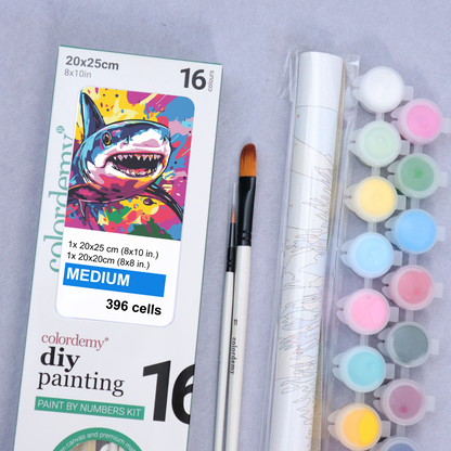 2-in-1 Paint by Numbers Kit - Rolled Canvases (20x25cm & 20x20cm), 16 Colours (Sea Life - Shark)
